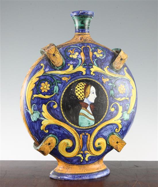 A large Italian renaissance revival maiolica pilgrim flask, late 19th / early 20th century, 42.5cm, some damage